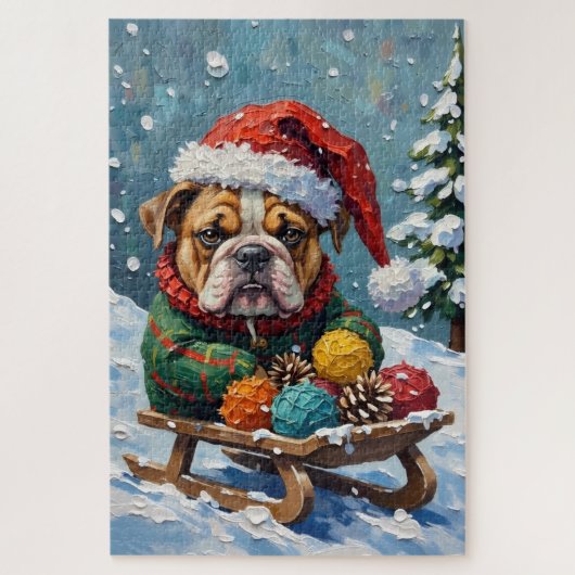 Bulldog Grumpy Rider in Christmas Sled Hat ジグソーパズル (縦)