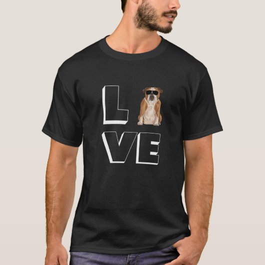 Bulldog Love Heart Sunglasses Dog English Bulldog Tシャツ (正面)