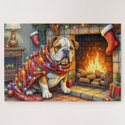 Bulldog Sitting by Fireplace with Christmas Lights ジグソーパズル (横)