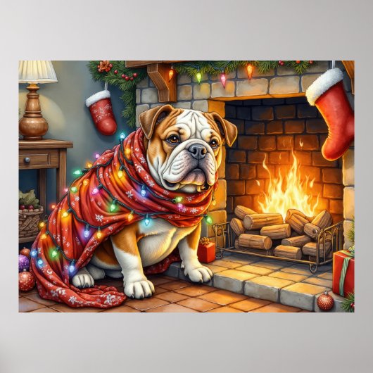Bulldog Sitting by Fireplace with Christmas Lights ポスター (正面)