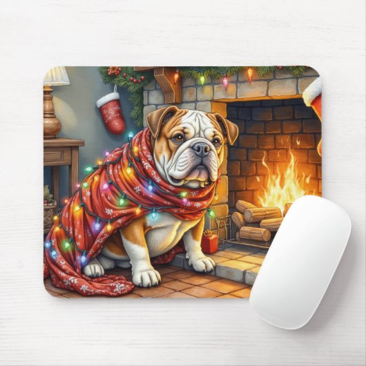 Bulldog Sitting by Fireplace with Christmas Lights マウスパッド (マウス)