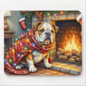 Bulldog Sitting by Fireplace with Christmas Lights マウスパッド (正面)