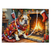 Bulldog Sitting by Fireplace with Christmas Lights ラージペーパーバッグ (裏面)