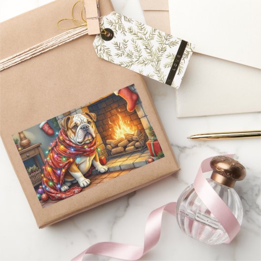 Bulldog Sitting by Fireplace with Christmas Lights 長方形シール (ギフト)