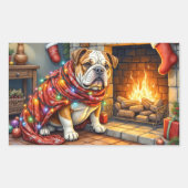 Bulldog Sitting by Fireplace with Christmas Lights 長方形シール (正面)