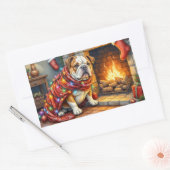 Bulldog Sitting by Fireplace with Christmas Lights 長方形シール (封筒)