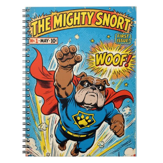 Bulldog Superhero Flying with Cape ノートブック (正面)