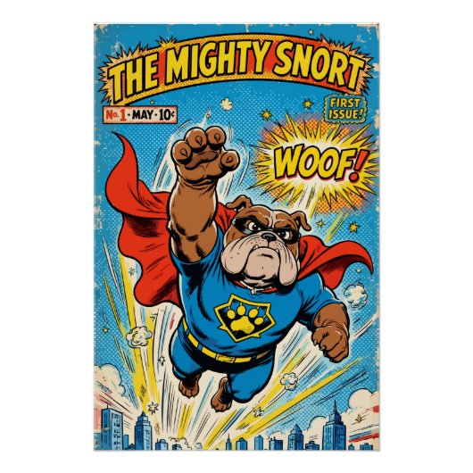 Bulldog Superhero Flying with Cape ポスター (正面)