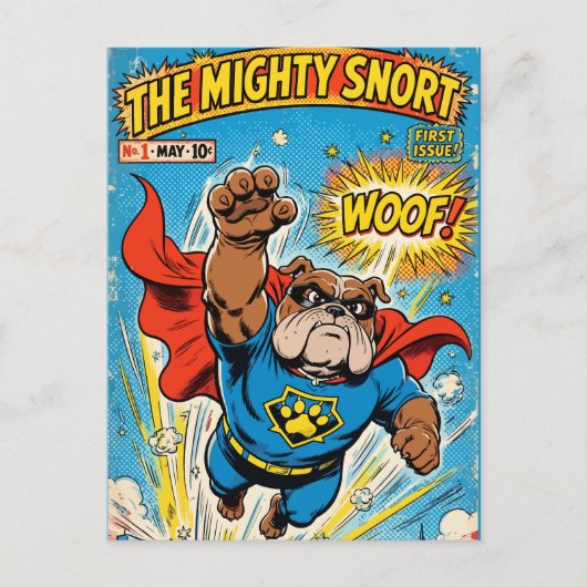 Bulldog Superhero Flying with Cape ポストカード (正面)
