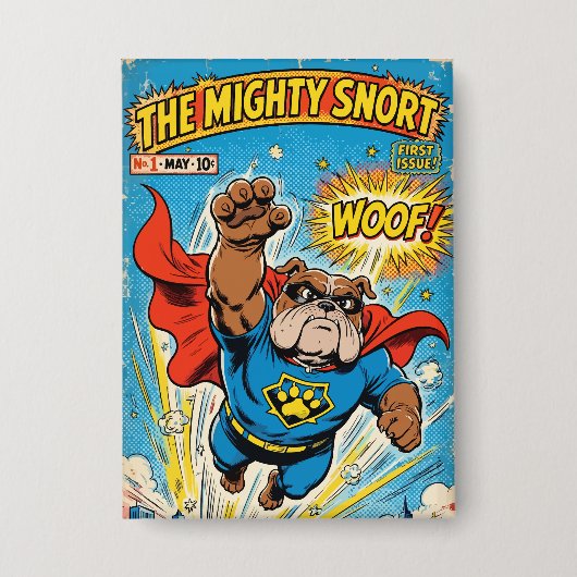 Bulldog Superhero Flying with Cape 缶バッジ (正面)