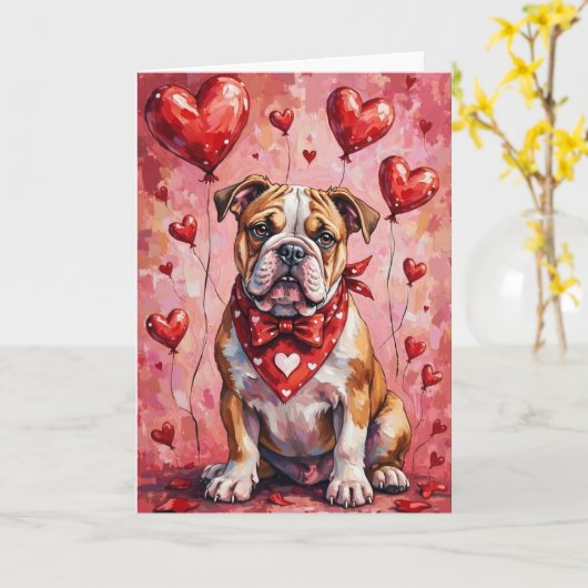 Bulldog Valentine’s Day Dog with Hearts Red カード (黄色い花)