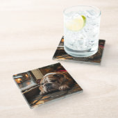 Bulldog with Christmas Lights Holiday ガラスコースター (アングル)