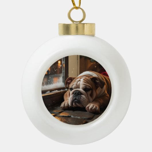 Bulldog with Christmas Lights Holiday セラミックボールオーナメント (正面)