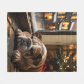 Bulldog with Christmas Lights Holiday フリースブランケット (正面(横))
