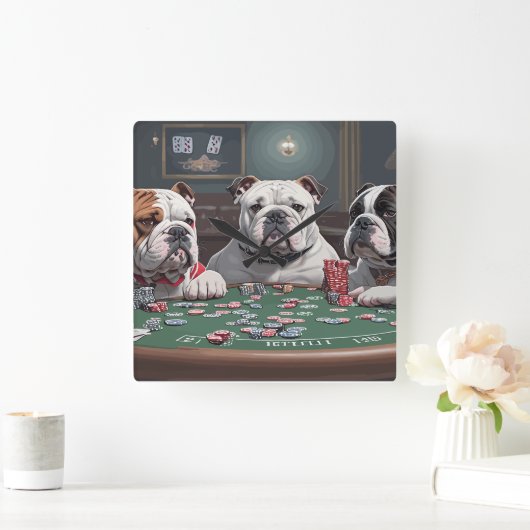 Bulldogs playing poker スクエア壁時計 (ホーム)
