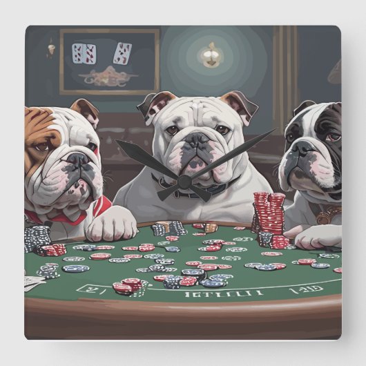 Bulldogs playing poker スクエア壁時計 (正面)
