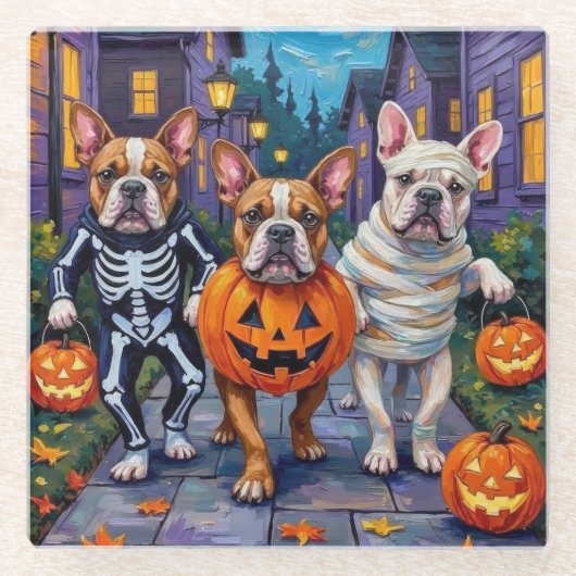 Bulldogs Trick-or-Treating in Halloween Costumes ガラスコースター (正面)