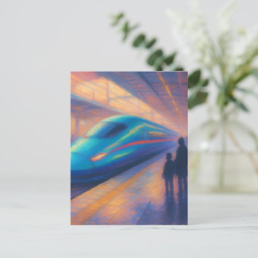 Bullet Train Arrival - Pastel Painting Style ポストカード (スタンド正面)