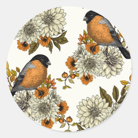 Bullfinch on autumn florals 2 ラウンドシール (正面)