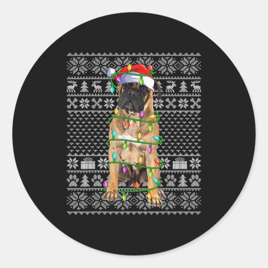 Bullmastiff Christmas Lights Ugly Sweater Funny Pe ラウンドシール (正面)