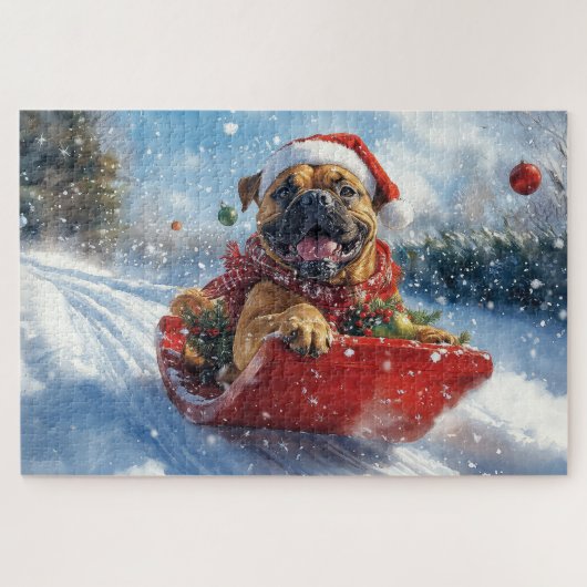 Bullmastiff Dog in Sledge Let it Snow Christmas ジグソーパズル (横)
