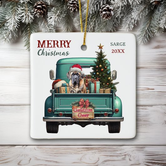 Bullmastiff Dog Retro Truck Christmas セラミックオーナメント