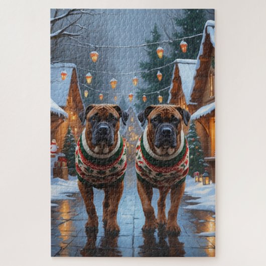 Bullmastiff Dogs Christmas Snow Holiday  ジグソーパズル (縦)