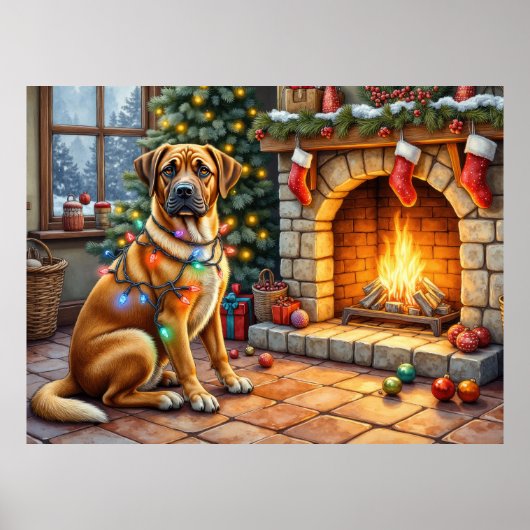Bullmastiff Fireplace with Christmas Lights ポスター (正面)