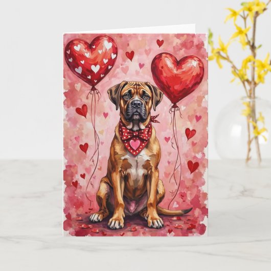 Bullmastiff Valentine’s Day Dog with Hearts Red カード (黄色い花)