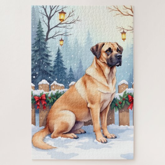 Bullmastiff Winter Forest Holly Christmas Art ジグソーパズル (縦)