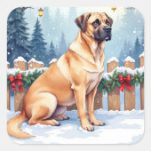 Bullmastiff Winter Forest Holly Christmas Art スクエアシール (正面)