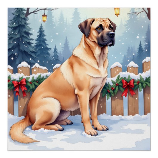 Bullmastiff Winter Forest Holly Christmas Art ポスター (正面)