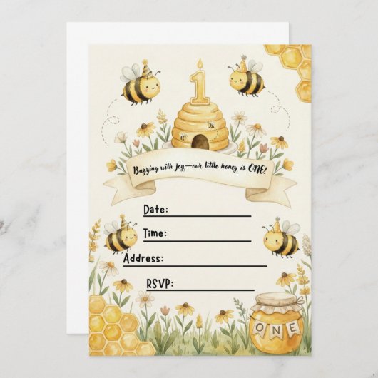 Bumble Bee 1st Birthday Invitation 招待状 (正面/裏面)