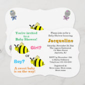 Bumble Bee Pink Blue Rattles Baby Shower 招待状 (正面/裏面)