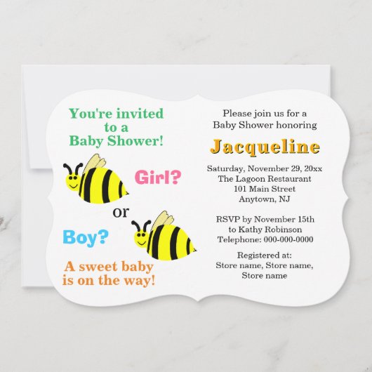 Bumble Bee Pink Blue Rattles Baby Shower 招待状 (正面)