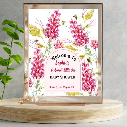 Bumble Bee Pink Florals Baby Shower Welcome Sign ポスター