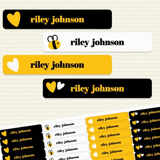Bumblebee & Yellow Hearts Kids Name Waterproof ラベル