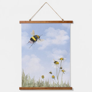 Bumblebees and Daisies Watercolor Painting 吊り下げ型タペストリー