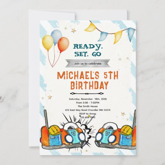 Bumper car birthday party invitation 招待状 (正面)