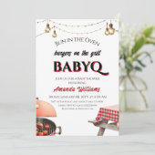 Bun in Oven Burger on Grill BabyQ BBQ Baby Shower 招待状 (スタンド正面)