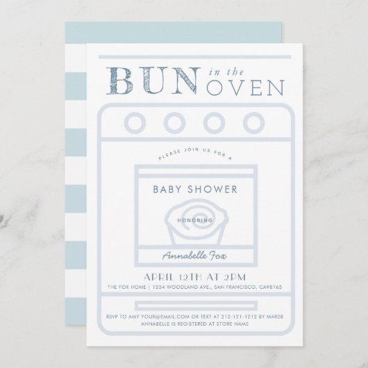 Bun in the Oven Boy Blue Baby Shower 招待状 (正面/裏面)