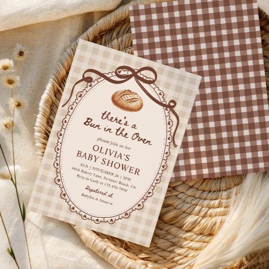 Bun in the Oven Gingham Sourdough Baby Shower 招待状