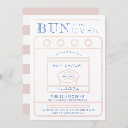 Bun in the Oven Girl Pink Virtual Baby Shower 招待状 (正面/裏面)