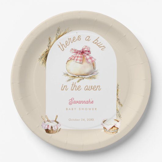 Bun In The Oven Pink Gingham Bow Baby Shower ペーパープレート (正面)