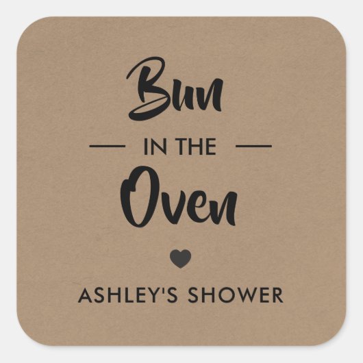 Bun in the Oven Tag, Baby Shower Sticker, Kraft スクエアシール (正面)