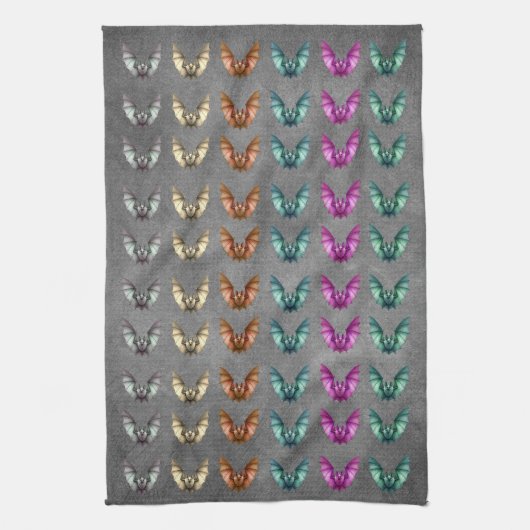 Bunch of Colourful Spooky Bats in Flight Dark Grey キッチンタオル (縦)