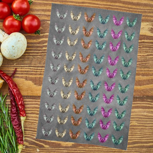 Bunch of Colourful Spooky Bats in Flight Dark Grey キッチンタオル