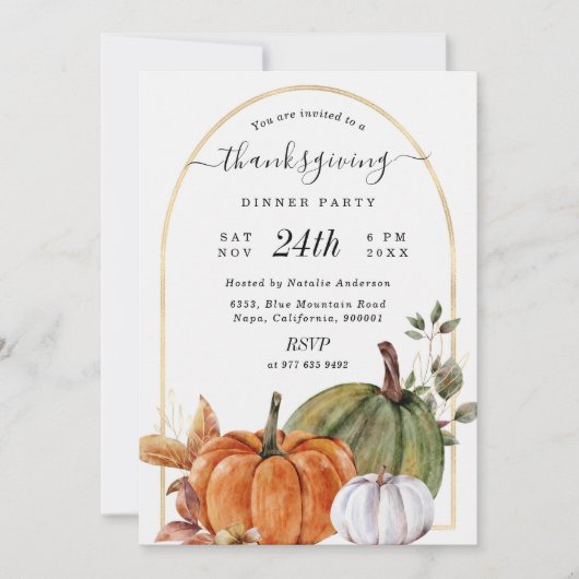 Bunch of Pumpkins金ゴールドArch Shanksgiving Dinner  招待状 (正面)