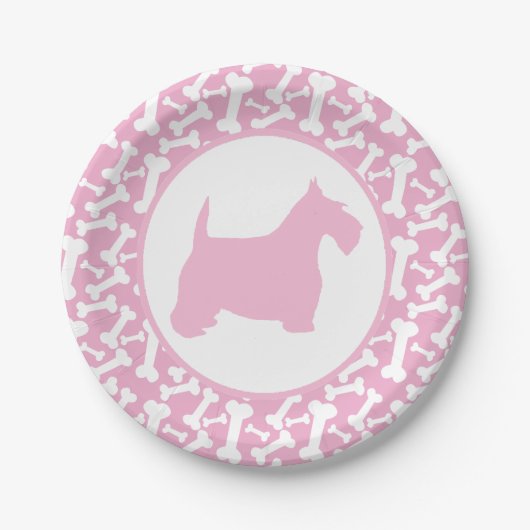 Bunchaのピンクのスコッチテリアおよび骨 ペーパープレート (正面)
