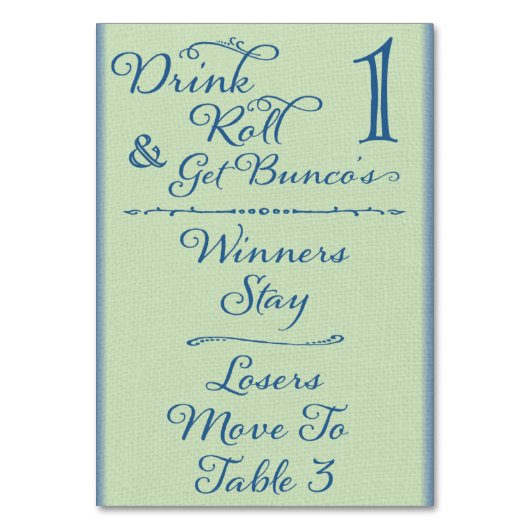 Buncoのテーブルカード#1を飲み、転がり、そして得て下さい テーブルナンバー (正面)